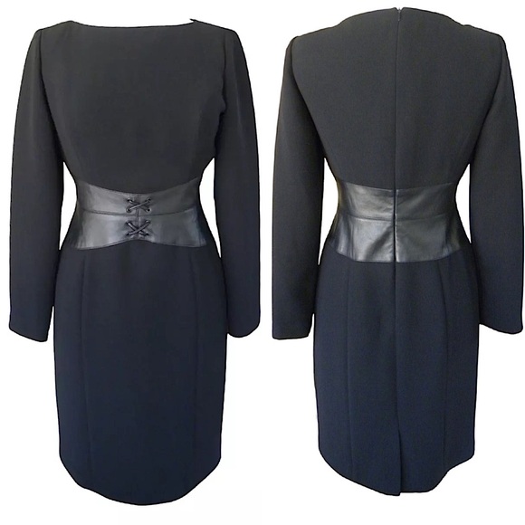NWT SHANI Black Long Sleeve Sheath Pencil Dress Leather Corset Waist 12 Vintage - Picture 2 of 16